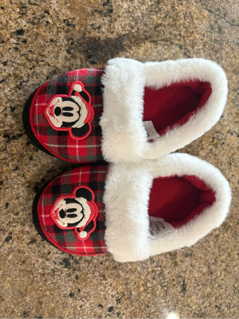 Disney Red Plaid Mickey Mouse Kids Slippers with White Faux Fur Trim